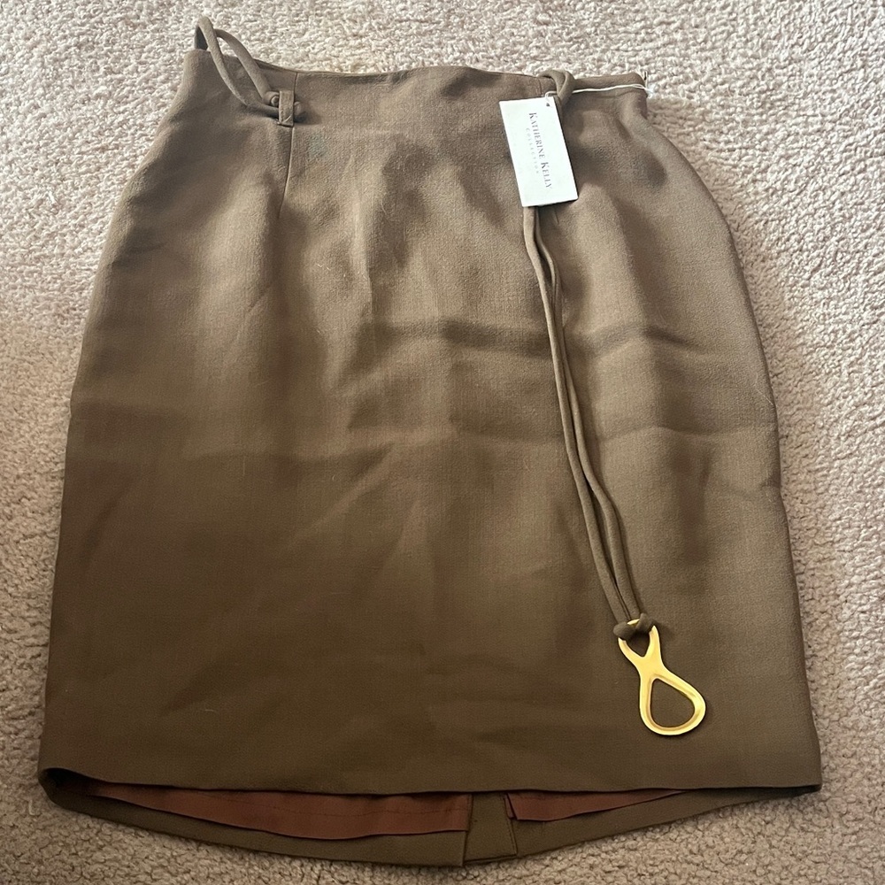 NWT Katherine Kelly Elegant Tan Pencil Skirt with Gold Detail